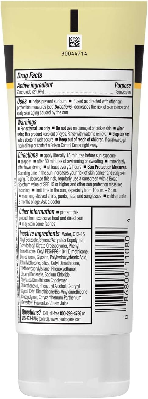 Back packaging of 88ml Neutrogena Sheer Zinc mineral sunscreen showing drug facts and ingredient information