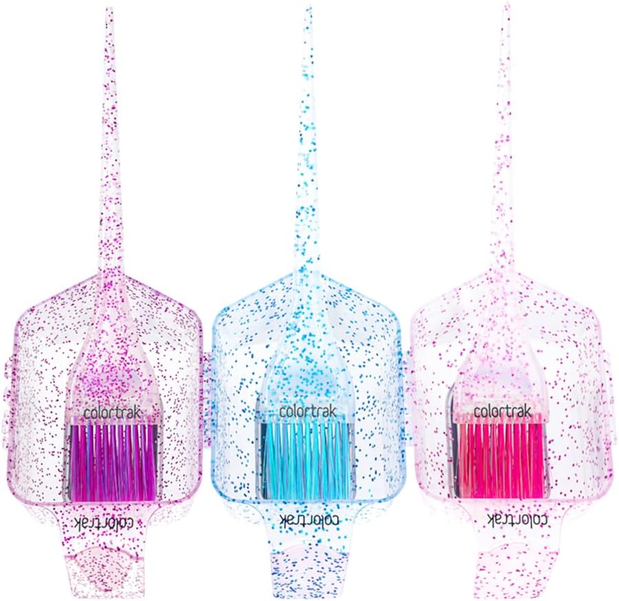 Colortrak Mini Glitter Trio Brush and Bowl Set front view showing three transparent glittery hair color mixing bowls and matching tint brushes
