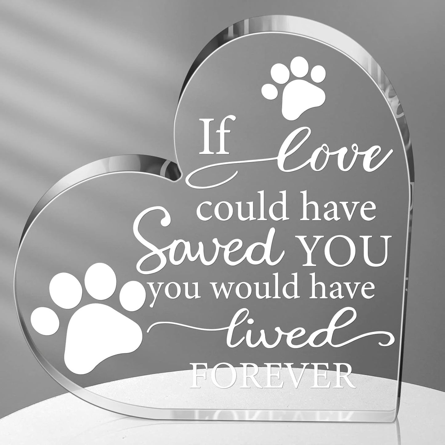 Chunful Pet Memorial Acrylic Heart front view showing engraved poem and paw prints.