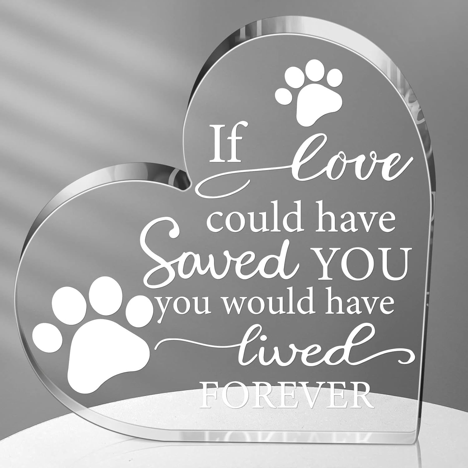 Chunful Pet Memorial Acrylic Heart front view showing engraved poem and paw prints.