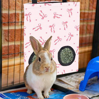 2Pcs 2 Styles Small Pet Hanging Hay Bag Pink Hay Feeder Bag with 2 Holes Bowknot Pattern Cloth Washable Rectangle Feeding Storage for Rabbit Chinchillas Hamsters Guinea Pigs 12 x 9 Inch - Image 7