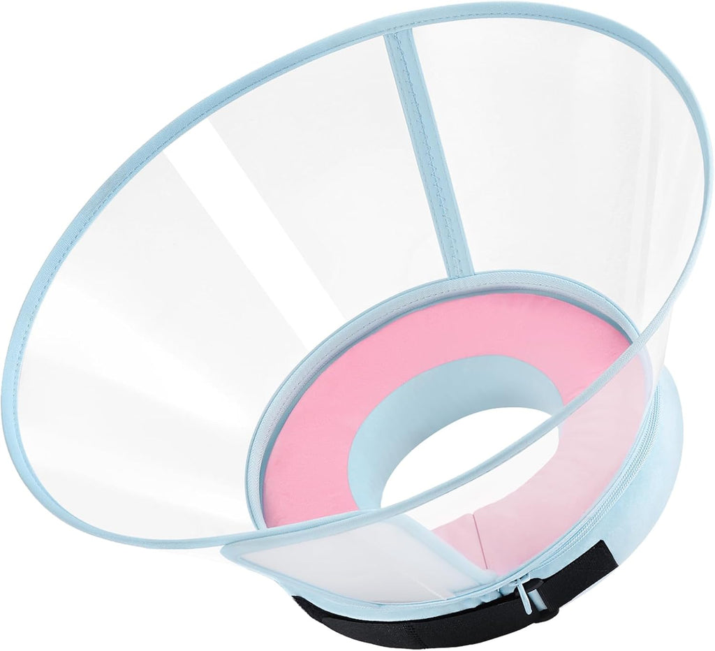 ICOYEA protective pet recovery collar showing elastic loops for collar attachment