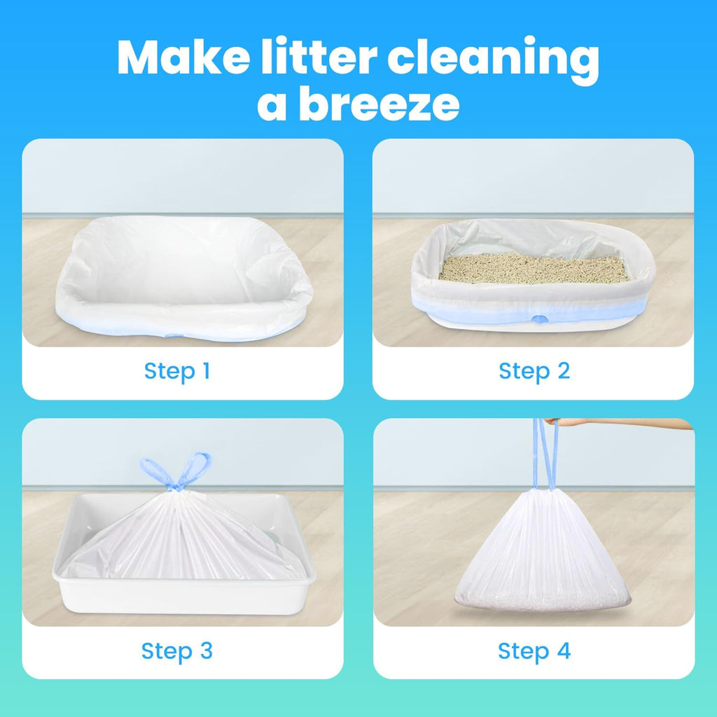 Leakproof odor control disposable kitty litter bags being lifted cleanly out of a litter tub