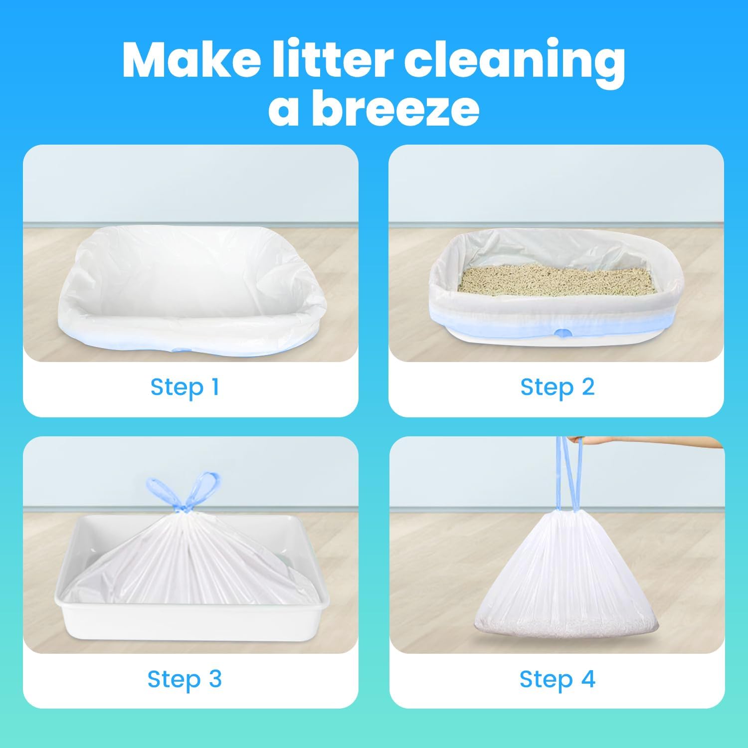 Leakproof odor control disposable kitty litter bags being lifted cleanly out of a litter tub