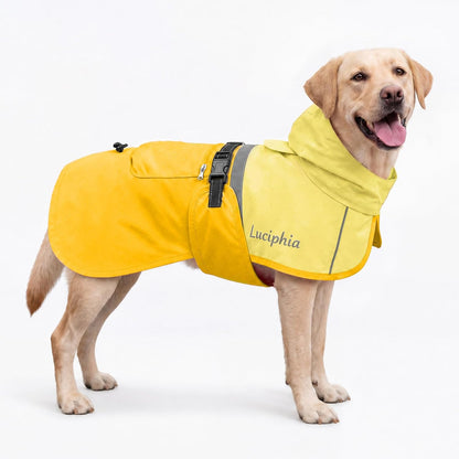 Luciphia dog raincoat in yellow front view on a large dog