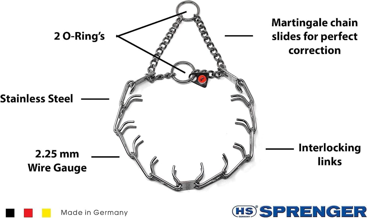 Herm Sprenger anti pull pet pinch collar showcasing the blunt beveled interlocking links.