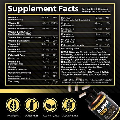 Peak Performance Alpha Day capsules shown alongside clean natural ingredients for cognitive wellness