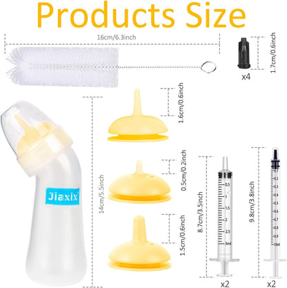 Close-up view of the silicone anti-choking nipples and precision syringes included in the kitten nursing kit.