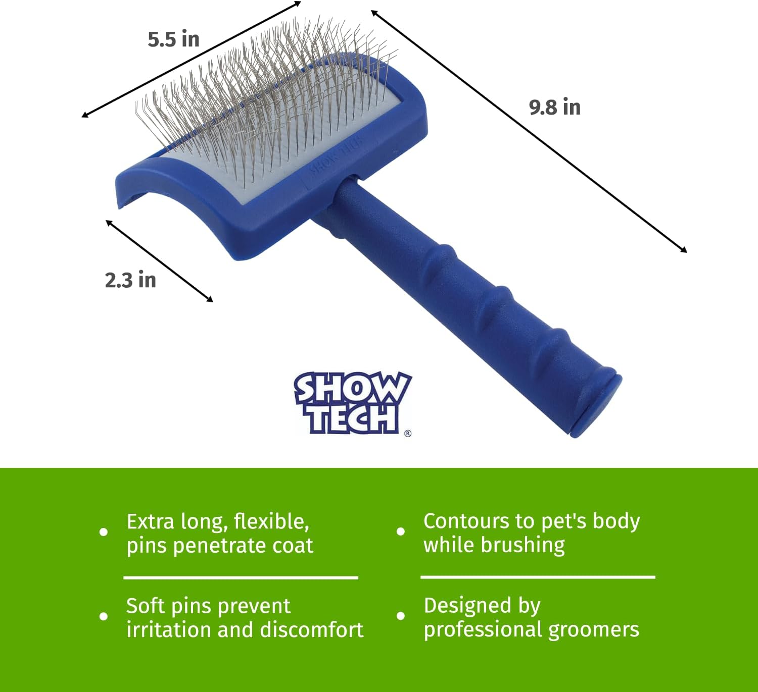 Ergonomic handle and curved head of Show Tech professional pet slicker brush