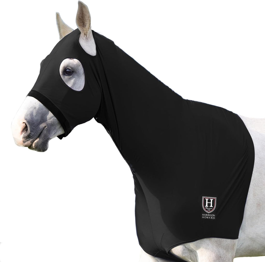 Harrison Howard horse show preparation slinky hood laid flat to display the full body stretch fabric outline.