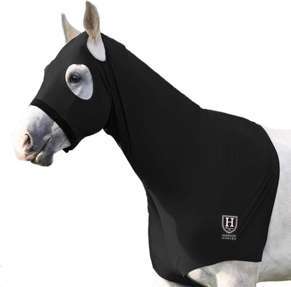 Harrison Howard horse show preparation slinky hood laid flat to display the full body stretch fabric outline.