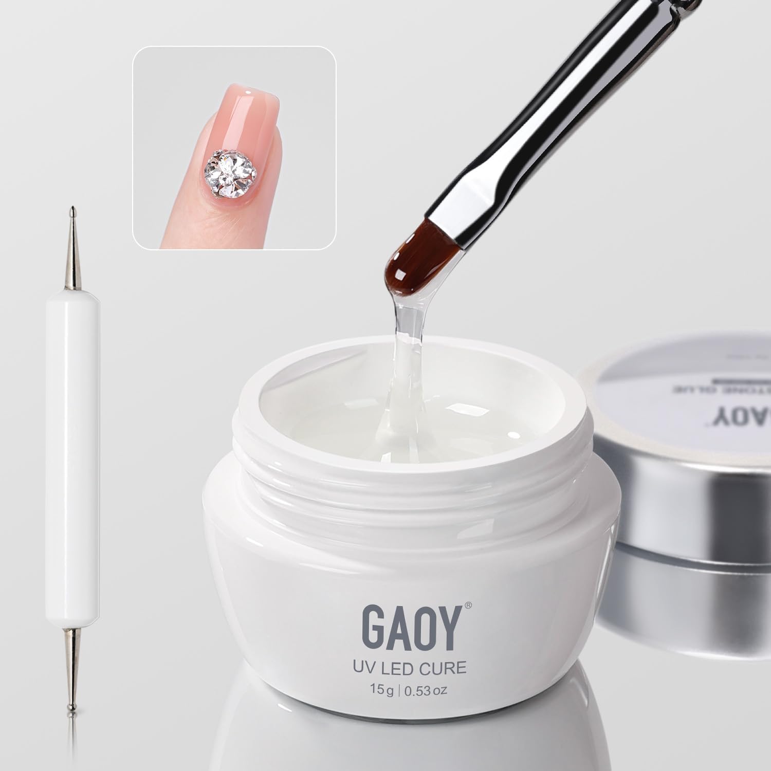 GAOY Rhinestone Glue for Nails, 15ml UV Gem Glue with Nail Art Brushes, for Charms Diamonds Jewels and Decorations - Image 1