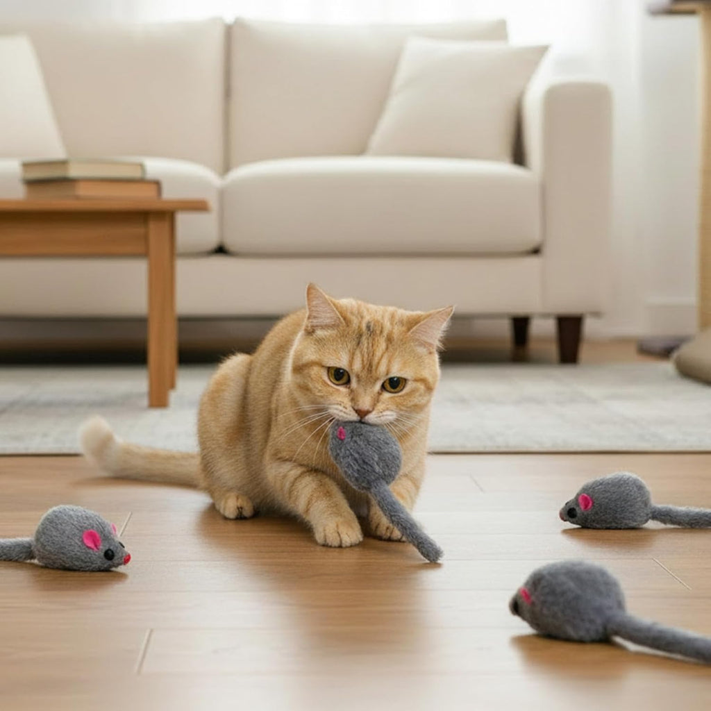 Ten centimeter long fake fur mouse toy for indoor cat exercise routine.