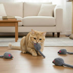 Ten centimeter long fake fur mouse toy for indoor cat exercise routine.