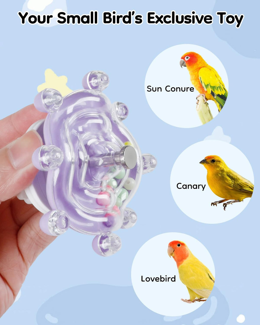 Packaging details of Pawfly bird toys for budgies and parakeets.