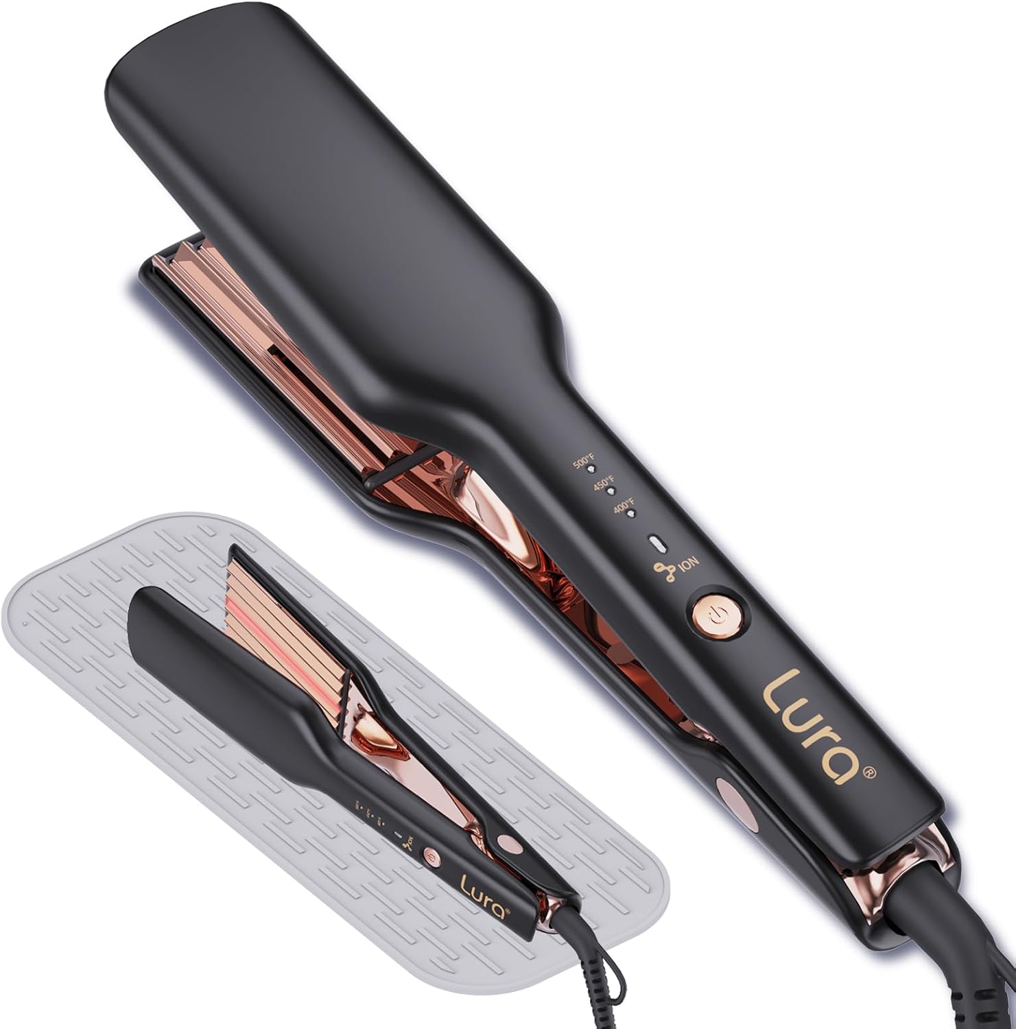LURA Ionic Hair Crimper front view showcasing the premium two inch black nano titanium plates.