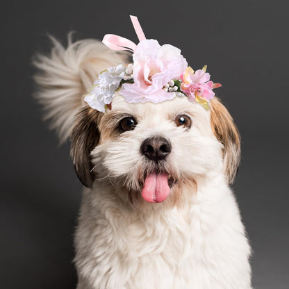Adjustable pink artificial flower crown headband for dogs and cats