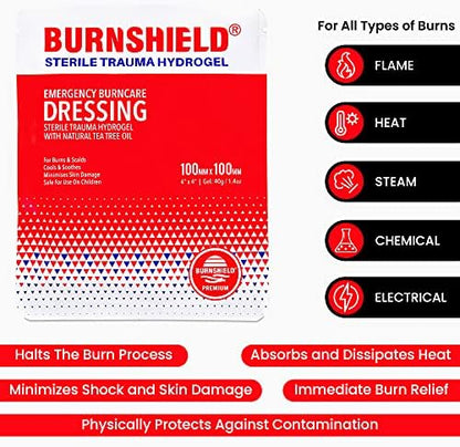 Individual 4x4 sterile foil pouch of Burnshield hydrogel cooling pad.