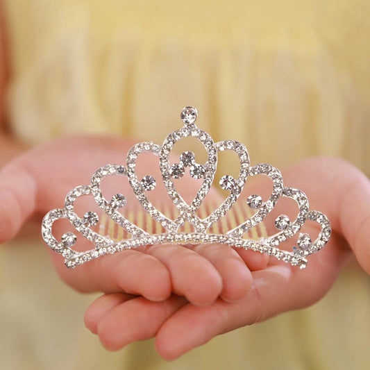 JWICOS Mini Princess Comb front view showing silver crystal rhinestone tiara design.