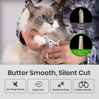 Side angle view of the white Necoichi feline nail trimmer emphasizing the lever mechanism.