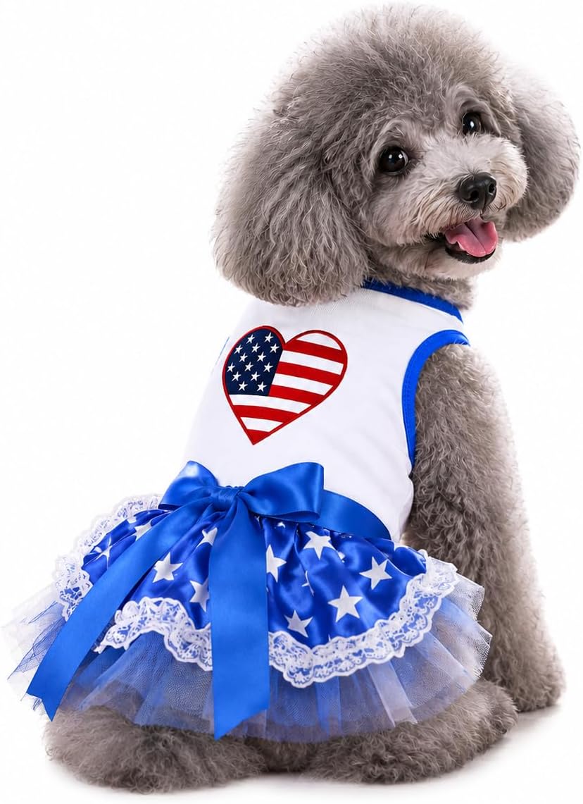 Petitebella Independence Day Dog Dress - 4th of July Patriotic American Flag Heart Puppy Outfits, Blue Stars Tutu Skirt - Image 9