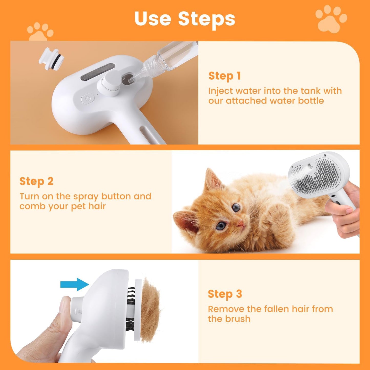 FourSeas pet hair remover comb with stainless steel bristles releasing a sheet of trapped fur