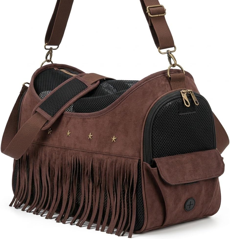 Vintage dark brown pet carrier purse for small dogs front view