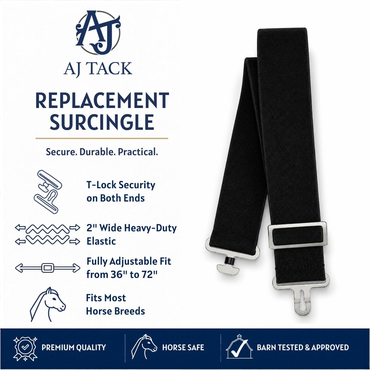 Close up of silver metal T lock surcingle buckles on AJ Tack replacement horse blanket strap