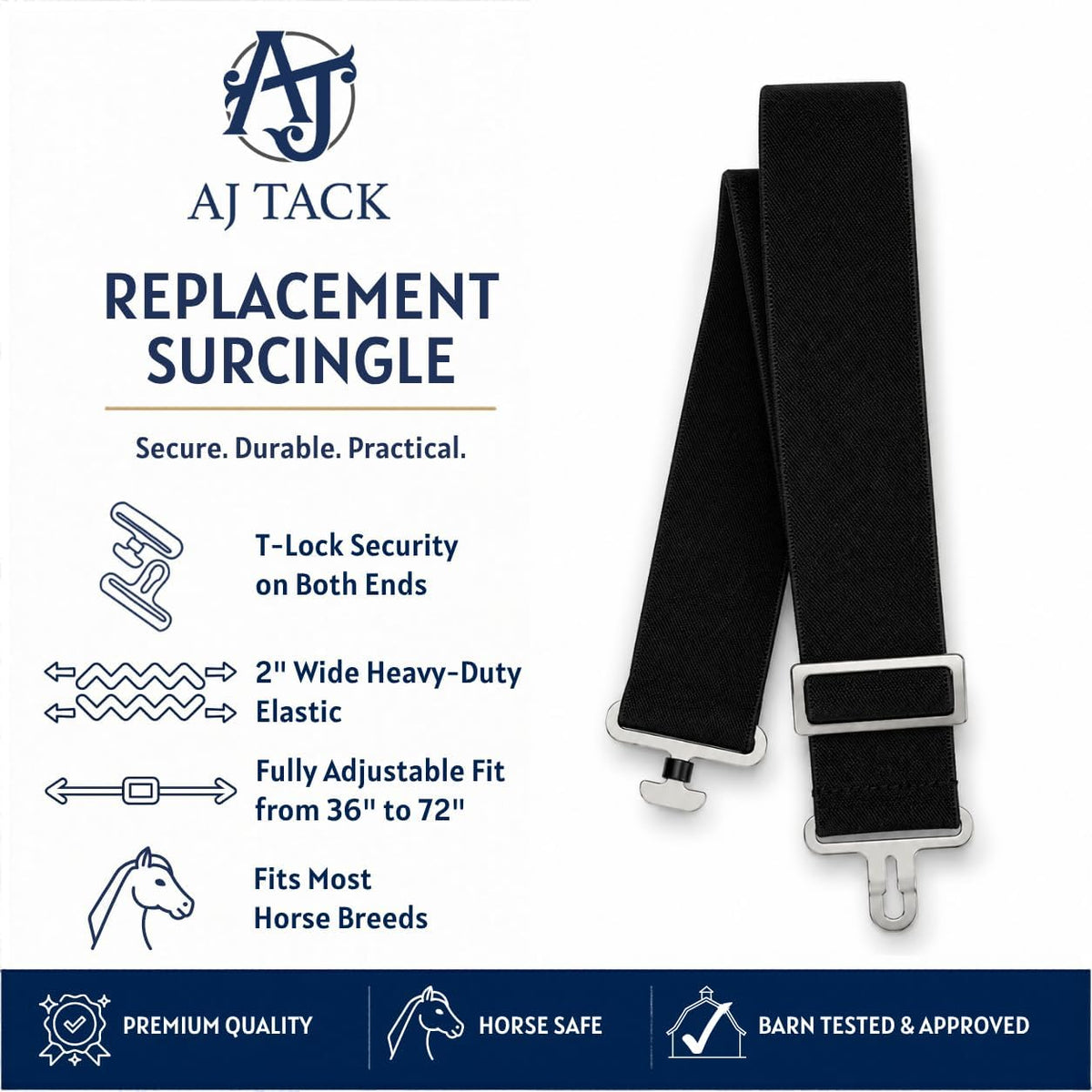 Close up of silver metal T lock surcingle buckles on AJ Tack replacement horse blanket strap