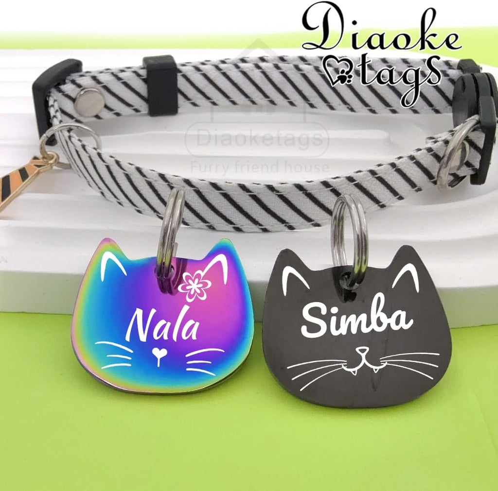 Diaoketags custom pet tags size comparison chart demonstrating suitable fit for small cats and mini dogs