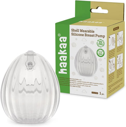 Haakaa Shell wearable hands free manual breast pump front view showing medical grade silicone design.