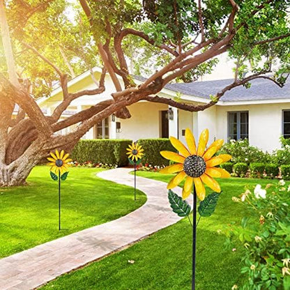 Full height view of Viveta sunflower outdoor wind sculpture