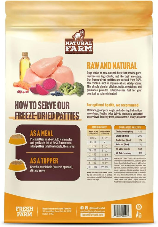 Natural Farm raw chicken dog food patties texture close up