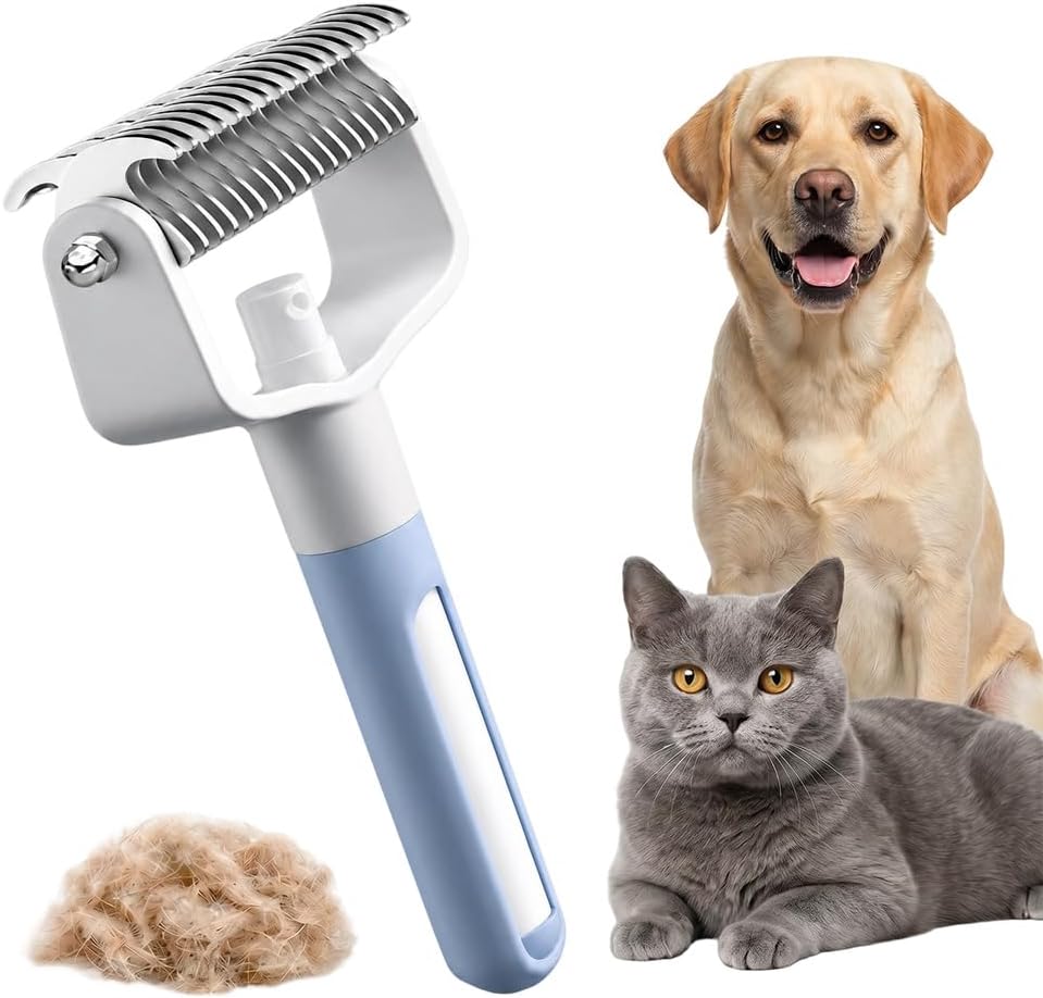 Friederich pet grooming tool with spray front view showing blue handle and stainless steel undercoat rake.