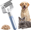 Friederich pet grooming tool with spray front view showing blue handle and stainless steel undercoat rake.