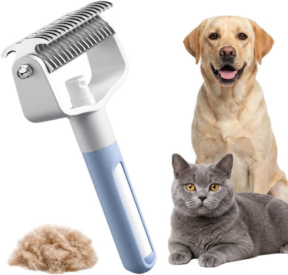 Friederich pet grooming tool with spray front view showing blue handle and stainless steel undercoat rake.