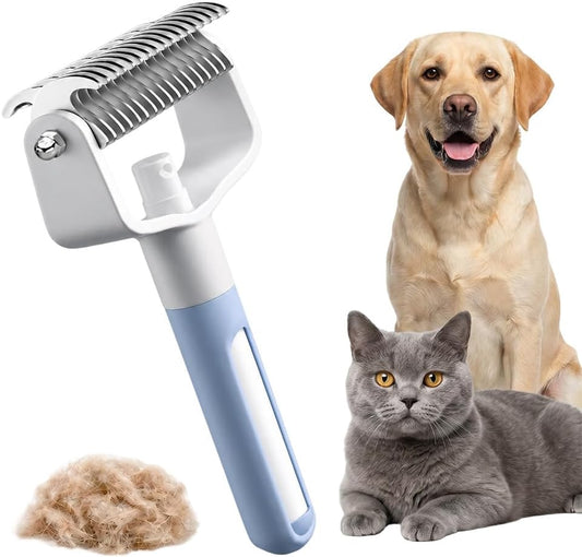 Friederich pet grooming tool with spray front view showing blue handle and stainless steel undercoat rake.