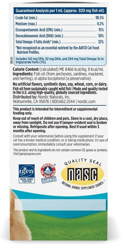 Unflavored fish oil for cats with dropper detail and dosage packaging