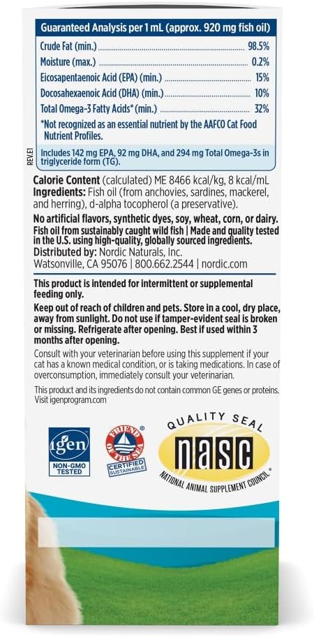 Unflavored fish oil for cats with dropper detail and dosage packaging