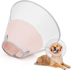 Transparent Joypig pet recovery cone on a wooden background