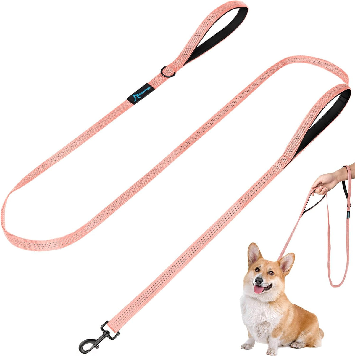PuppyDoggy reflective double handle dog leash pink front view showcasing the heavy duty swivel hook.