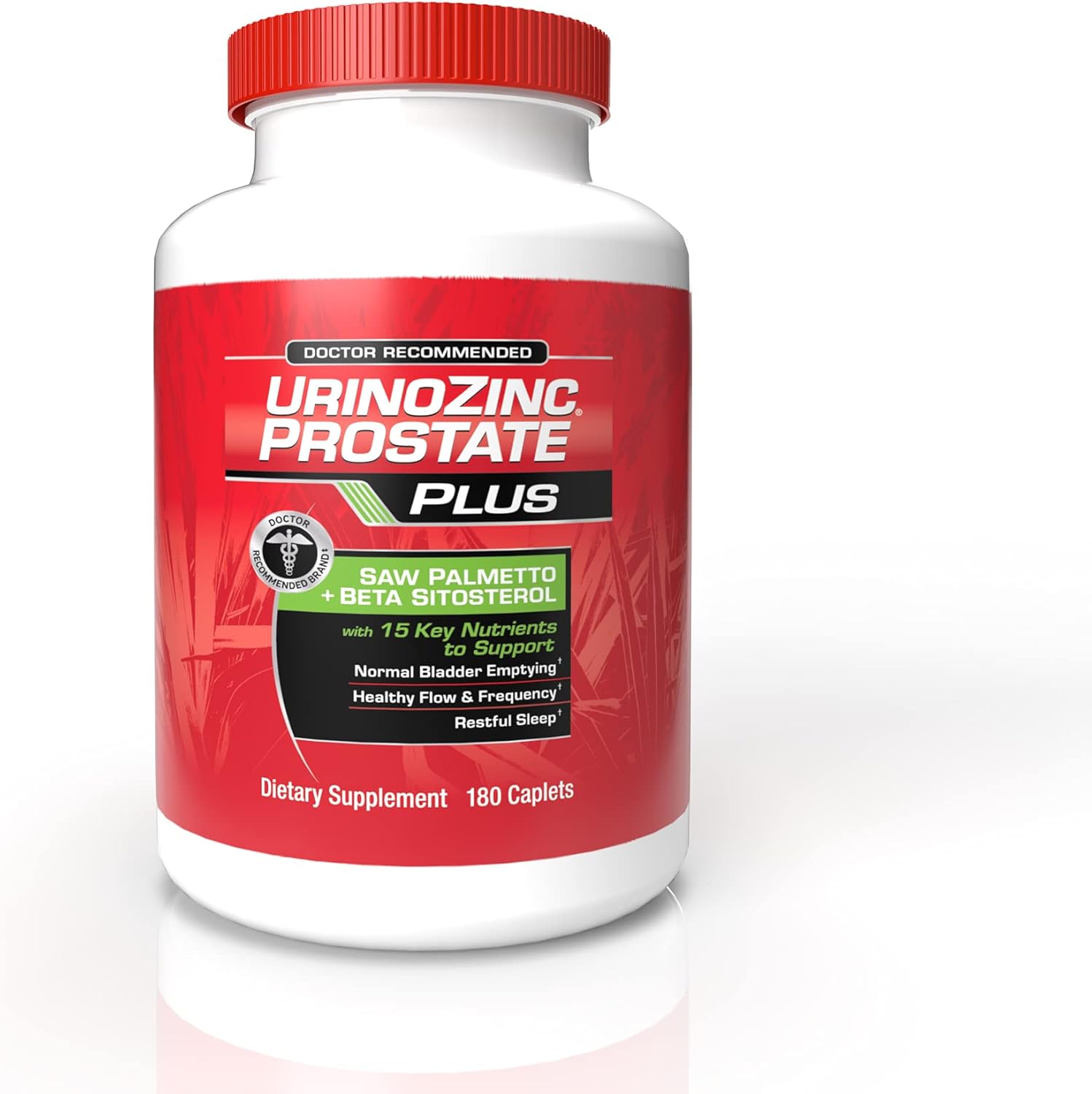 Urinozinc Plus Prostate Supplement 180 caplets front packaging view showing saw palmetto and beta sitosterol details