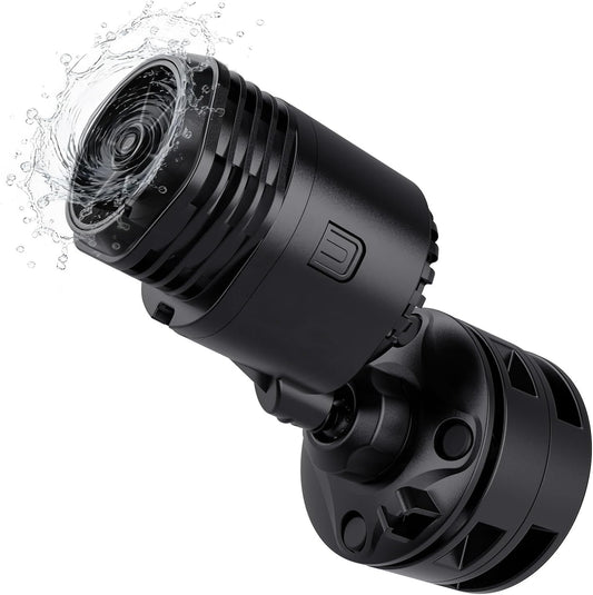 Hygger aquarium wave maker 4W 750GPH front view in black showing the compact rotating head and protective cover.