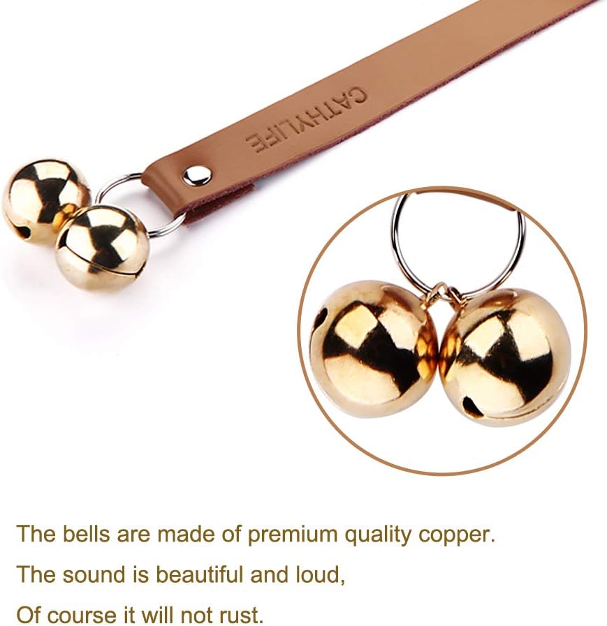 Close up of brass bells on brown leather dog training strap