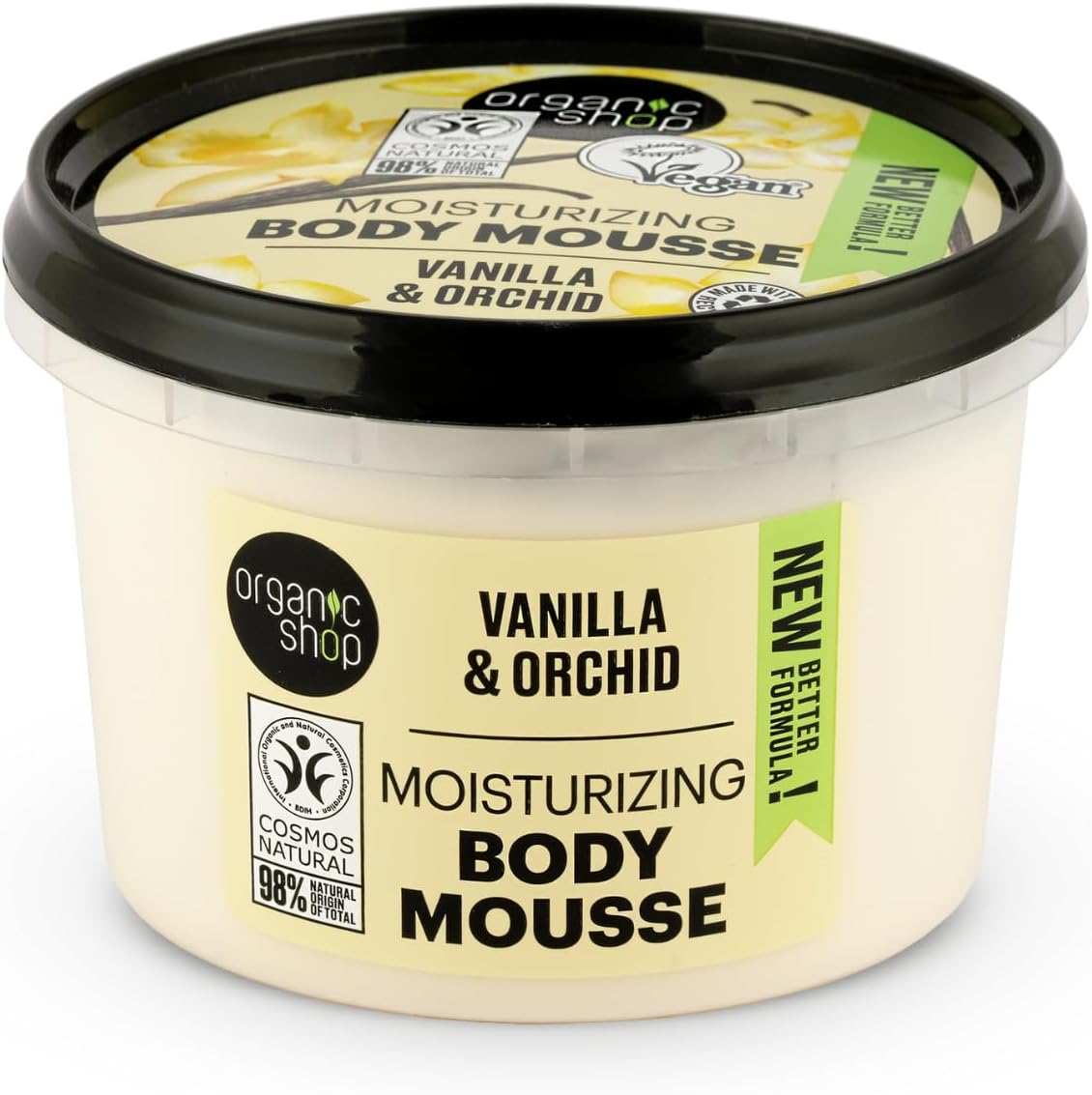 Organic Shop Body Mousse Bourbon Vanilla 250ml tub front view for intensive body moisturizing.