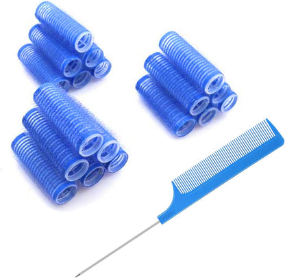 Moodkey self grip small hair curlers 18 piece set front view showing blue rollers and black rat tail comb