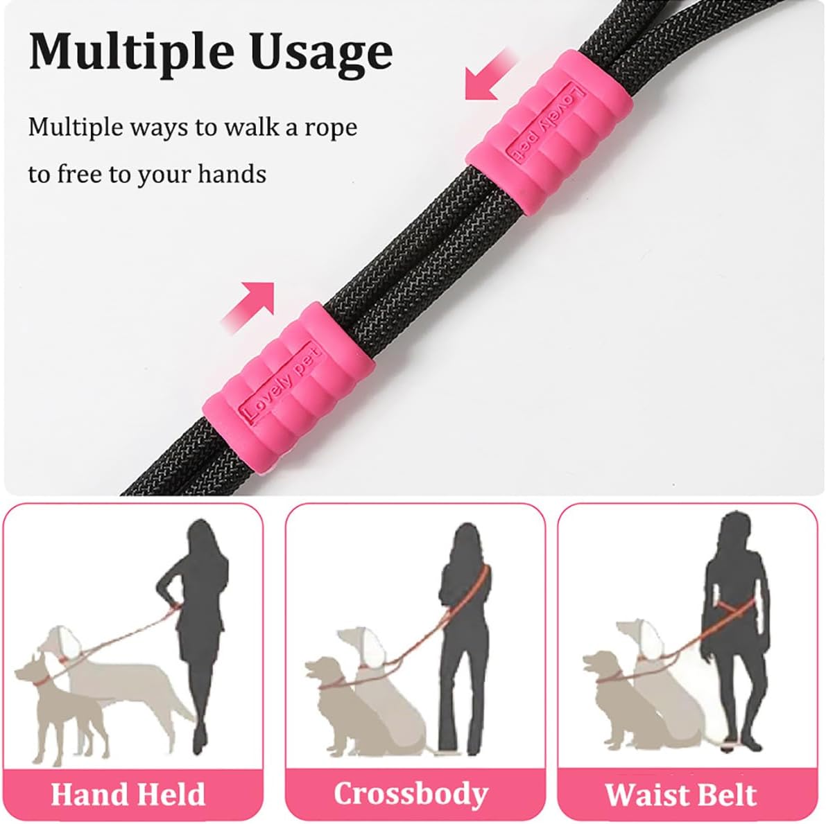 Adjustable two dog belt attached to pink training harnesses