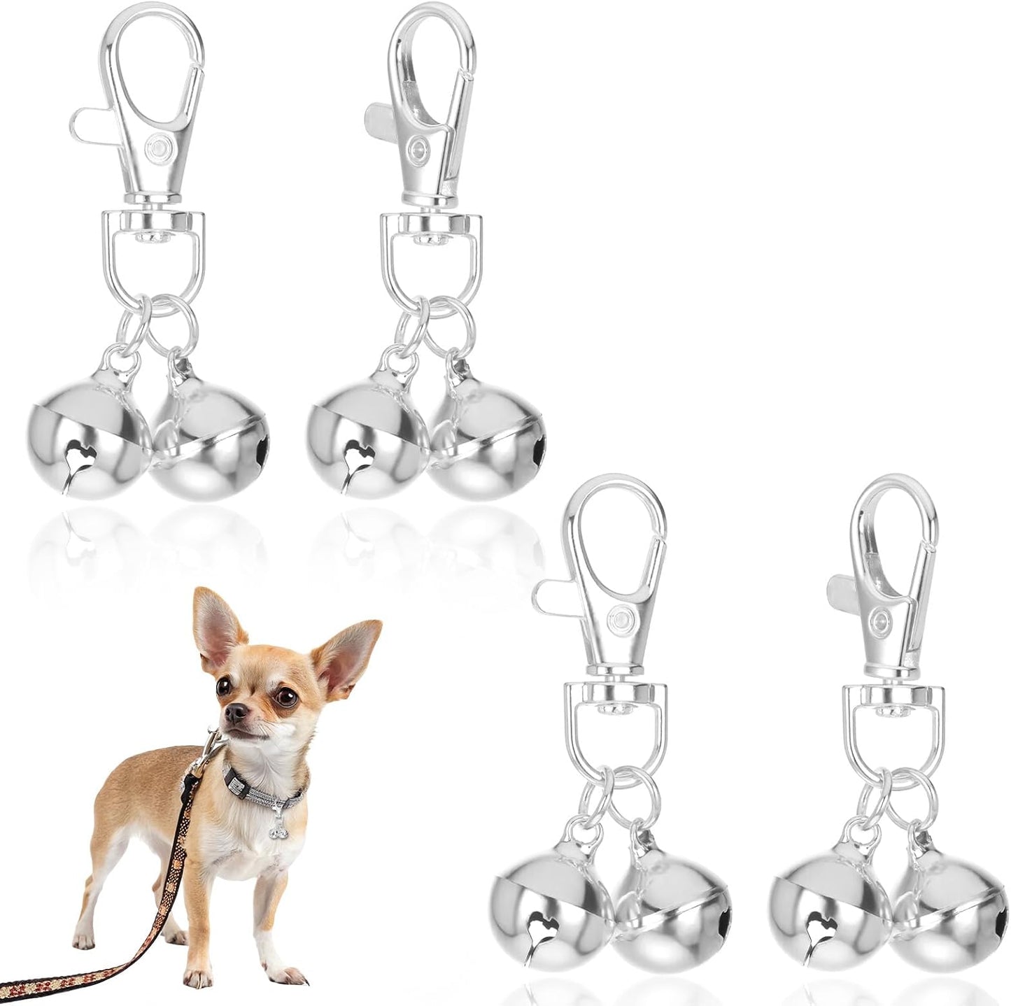 JJUNW four pieces mini dog collar bells silver pet pendants front view for training