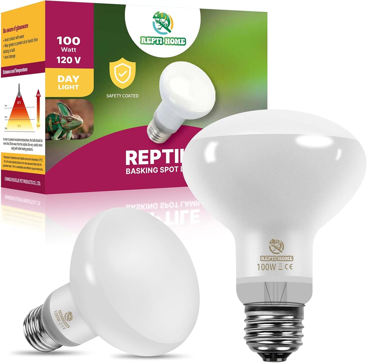 REPTI HOME thermal pet care bulb providing warmth for a bearded dragon terrarium.