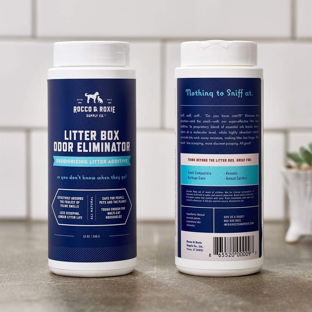 Rocco and Roxie deodorizing granules container showing product details